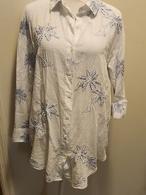 Blue Island Embroidered Palm Trees Print Button Up Tunic Beach Coverup Shirt M